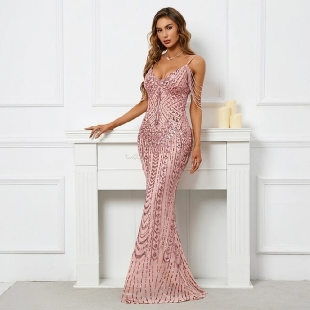 Elegant Rose Gold Sequin Mermaid Evening Dress - Brand